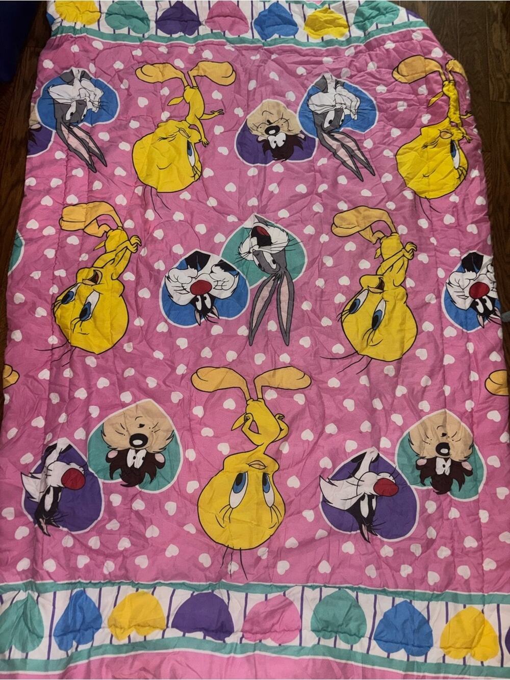Vintage 1994 Twin Looney Tunes Bed Comforter Pink Warner Bros Tweety Taz Bugs